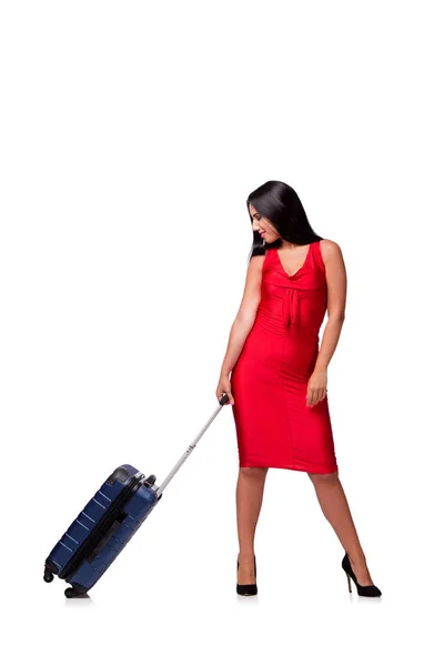 Woman with suitcase isolated on white background — Stock Photo, Image