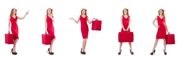 Çanta üzerinde beyaz izole Kırmızı elbiseli genç kadın — Stok fotoğraf