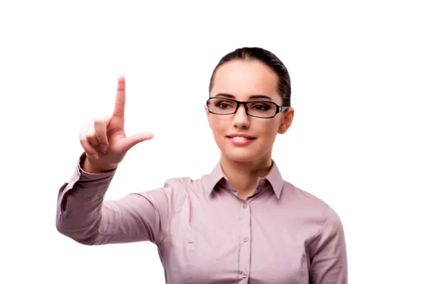 Geschäftsfrau drückt virtuellen Knopf auf Weiß — Stockfoto