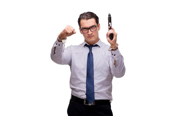 Giovane uomo d'affari con pistola isolata su bianco — Foto Stock