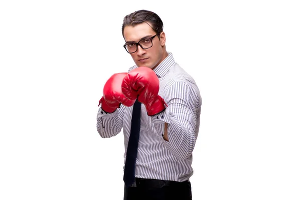 Aggressiver Geschäftsmann mit Boxhandschuhen auf weißem Grund — Stockfoto