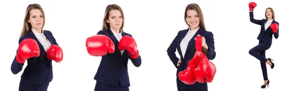 Vrouw zakenvrouw met bokshandschoenen op wit — Stockfoto