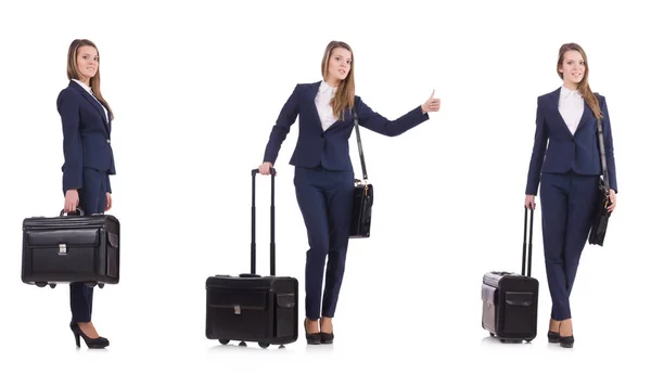 Young businesswoman with suitcase isolated on white — Stock Photo, Image