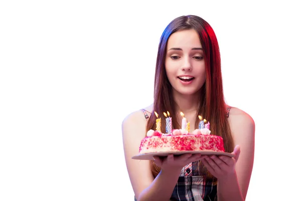 Mladá žena dívka s dortem izolované na bílém — Stock fotografie