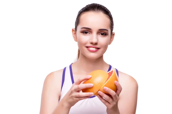 Mujer con pomelo aislado sobre blanco — Foto de Stock