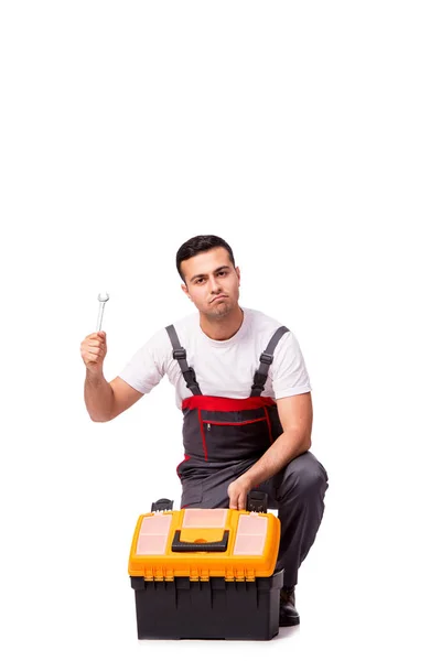 Hombre con llave inglesa aislada en blanco — Foto de Stock