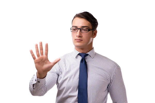 Young handsome businessman pressing buttons isolated on white — Stock Photo, Image