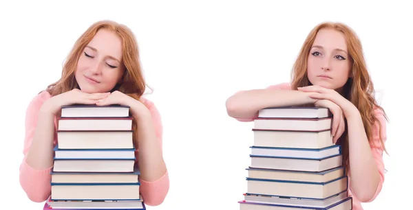 Mulher estudante com pilhas de livros — Fotografia de Stock