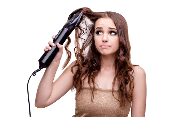 Beautiful woman getting her hair done with hair dryer isolated o — Stock Photo, Image