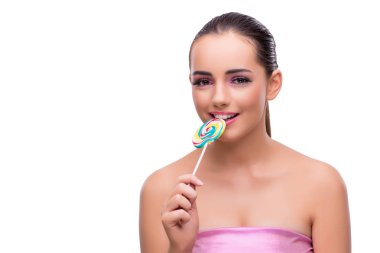 Renkli lolipop beyaz izole kadın