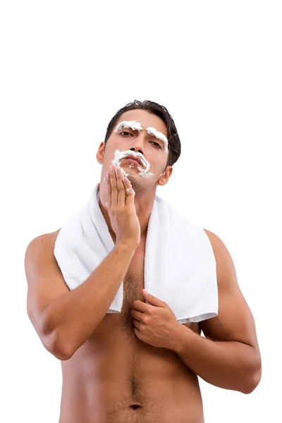 Hombre guapo afeitándose aislado sobre fondo blanco — Foto de Stock