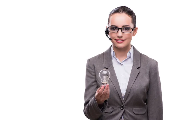 Operatore call center con lampadina isolata su bianco — Foto Stock