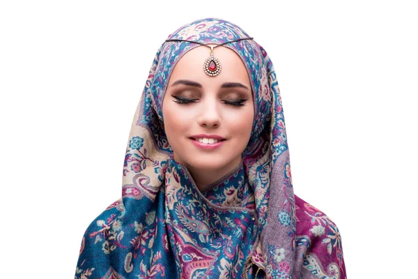 Müslüman kadın moda kavramı üzerinde beyaz izole — Stok fotoğraf