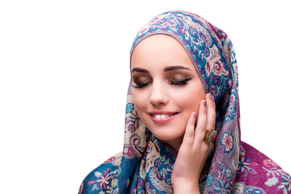 Mujer musulmana en concepto de moda aislada en blanco —  Fotos de Stock