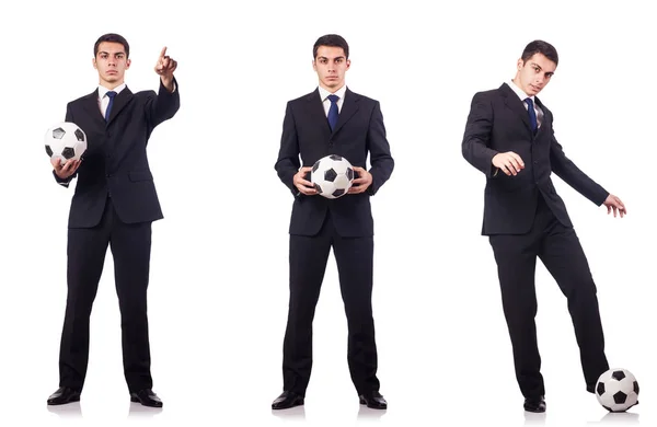 Mladý podnikatel s fotbalem na bílém pozadí — Stock fotografie
