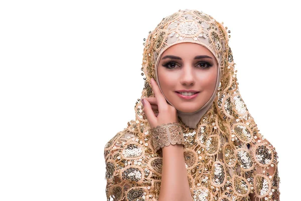 Altın kapak üzerinde beyaz izole Müslüman kadın