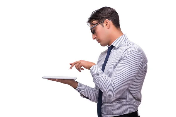Uomo d'affari utilizzando il suo computer tablet isolato su bianco — Foto Stock
