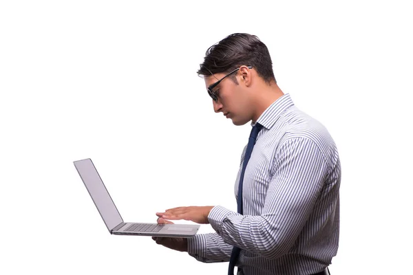Людина з ноутбуком ізольована на білому — стокове фото