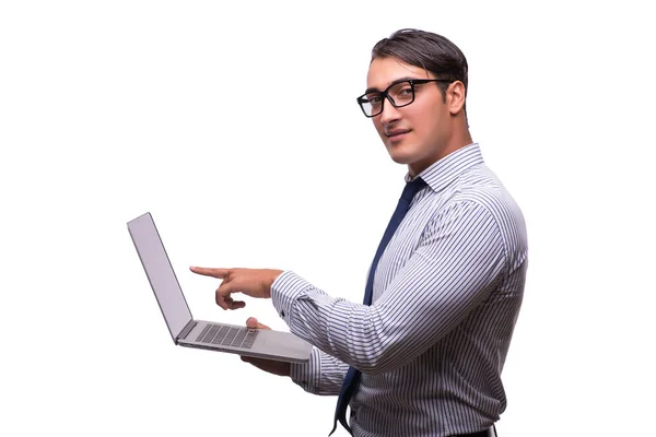 Uomo con laptop isolato su bianco — Foto Stock