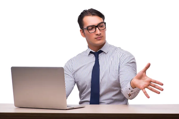 Homme avec ordinateur portable isolé sur blanc — Photo