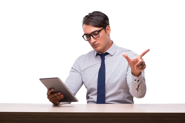 Empresário usando seu computador tablet isolado em branco — Fotografia de Stock