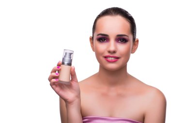 Bir şişe krem beyaz izole kadın