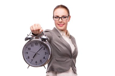 İle dev çalar saat üzerinde beyaz izole işkadını