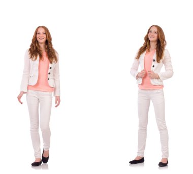 Beyaz arka planda izole edilmiş genç bir kadın