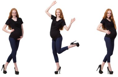 Karmaşık görüntülü hamile kadın beyazda izole edilmiş.