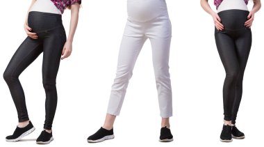 Karmaşık görüntülü hamile kadın beyazda izole edilmiş.