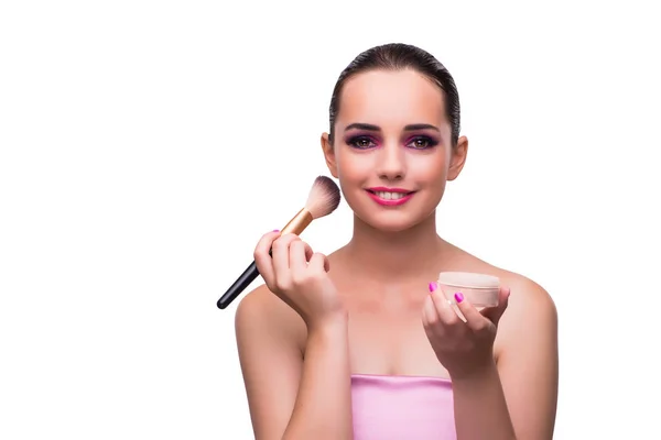 Mujer consiguiendo maquillaje aislado en blanco — Foto de Stock