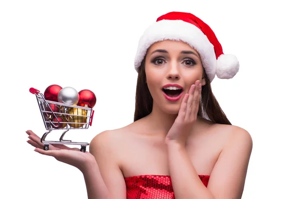 Santa dívka s nákupní košík a vánoční dekorace — Stock fotografie