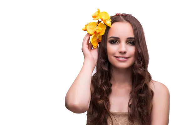 Mooie vrouw met orchideebloem geïsoleerd op wit — Stockfoto