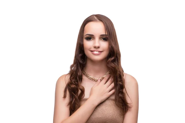 Jeune femme exhibant ses bijoux isolés sur blanc — Photo