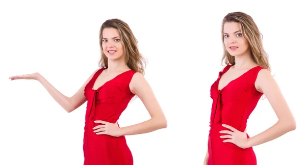 Fiatal nő piros ruhában elszigetelt fehér — Stock Fotó