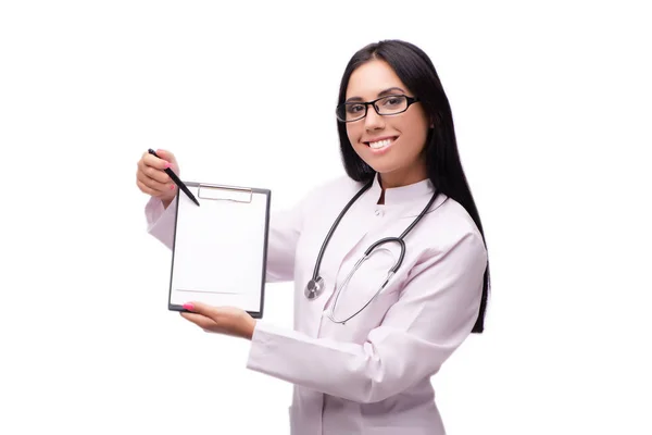 Jovem médica em conceito médico isolado em branco — Fotografia de Stock