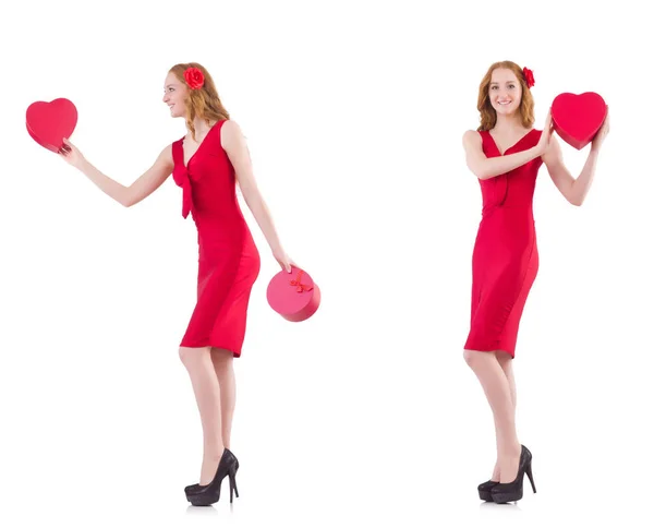 흰색 선물 상자를 따로 들고 있는 빨간 드레스를 입은 여자 — 스톡 사진