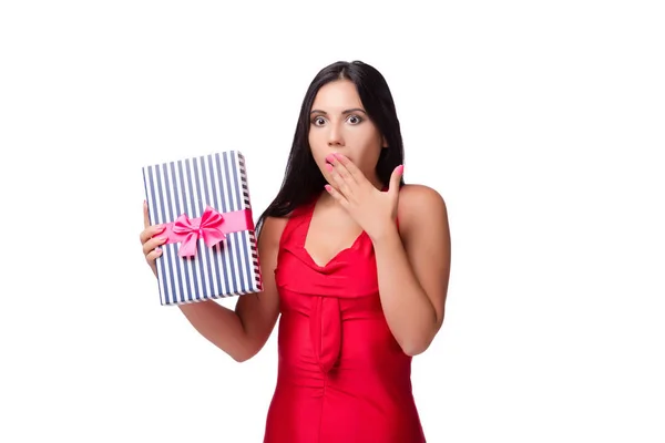 Woman with giftbox isolated on the white background — Stock Photo, Image