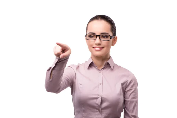 Businesswoman pressing virtual button isolated on white — Stock Photo, Image