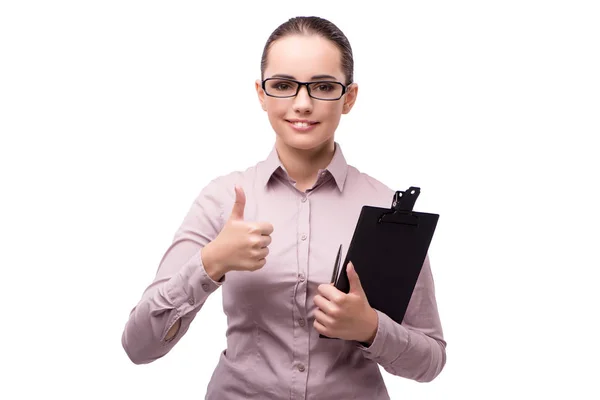 Mujer de negocios con el pulgar hacia arriba aislado en blanco — Foto de Stock