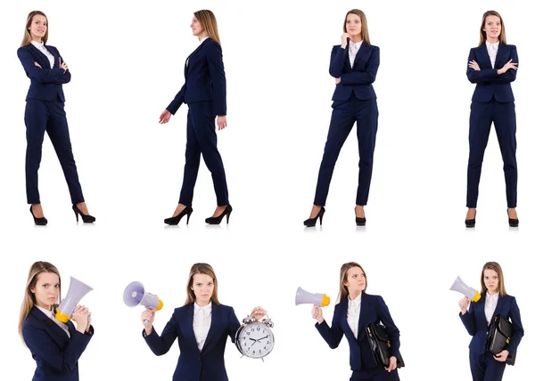 Бізнес-леді з гучномовцем ізольовані на білому — стокове фото