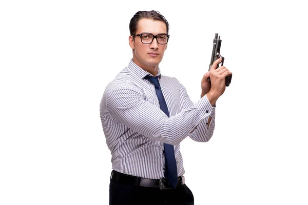 Молодий бізнесмен з пістолетом ізольований на білому — стокове фото