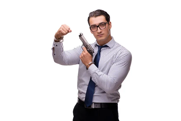 Jeune homme d'affaires avec pistolet isolé sur blanc — Photo