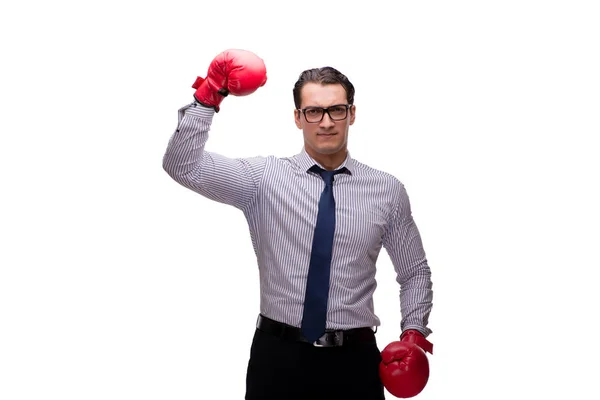 Homme d'affaires agressif avec gants de boxe isolé sur blanc — Photo