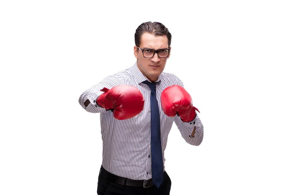 Uomo d'affari aggressivo con guanti da boxe isolati su bianco — Foto Stock