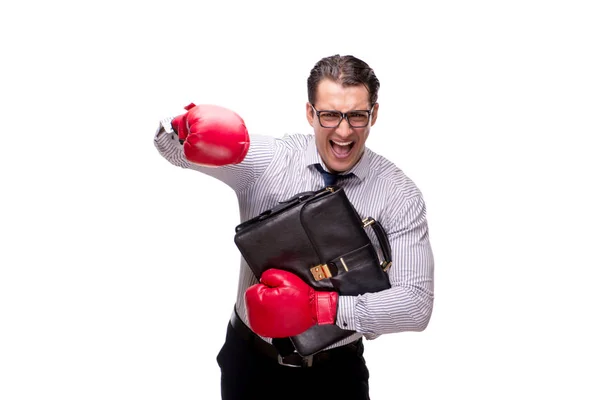 Hombre de negocios agresivo con guantes de boxeo aislados en blanco —  Fotos de Stock