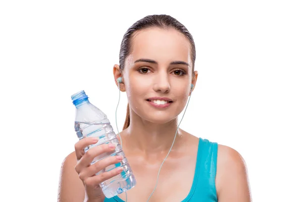 Mujer haciendo deporte con botella de agua dulce — Foto de Stock