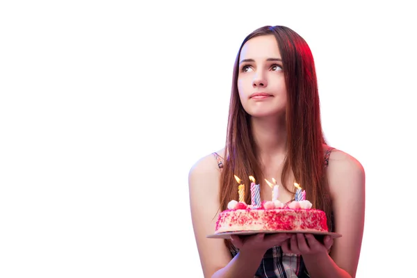 Jonge vrouw met cake geïsoleerd op wit meisje — Stockfoto