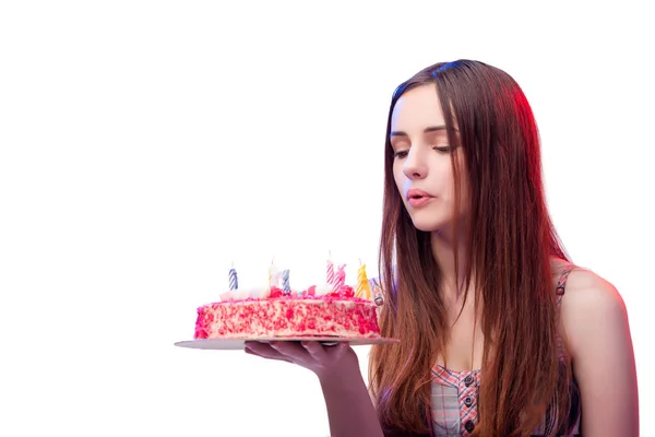 Νεαρή γυναίκα κορίτσι με κέικ που απομονώνονται σε λευκό — Φωτογραφία Αρχείου