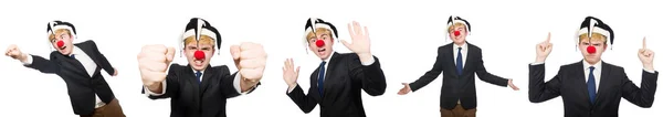 Колаж клоуна бізнесмена ізольовано на білому — стокове фото